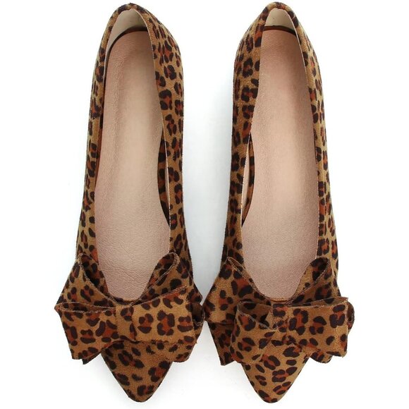 Women's Leopard Bowknot Ballet Flats Pointy Toe Casual Flat Shoes Suede - Picture 4 of 8